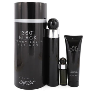 Perry Ellis 360 Black by Perry Ellis Gift Set -- 3.4 oz Eau De Toilette Spray + .25 oz Mini EDT Travel Spray + 3 oz Shower Gel for Men
