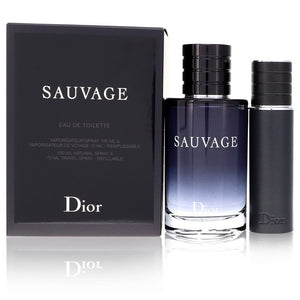 Sauvage by Christian Dior Gift Set -- 3.4 oz Eau De Toilette Spray + .33 oz EDT Spray Refillable for Men