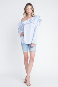 Women's One Shoulder Stripe Ruffle Top