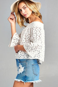 Women's 3/4 Three Quarter Long Sleeve Off Shoulder Floral Lace Top