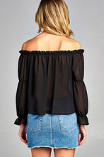 Load image into Gallery viewer, Women&#39;s Puff Long Sleeve Ruffled Front Tie Off Shoulder Top