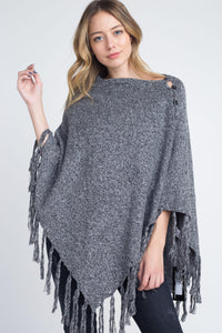 Women's V-Shaped Fringe Poncho with Buttons
