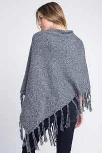 Women's V-Shaped Fringe Poncho with Buttons