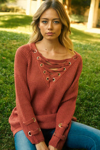 Women's Criss Cross Lace Up Loose Knitting Sweater