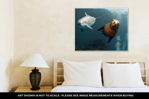 Gallery Wrapped Canvas, Dolphin And Sea Lion Underwater Close Up