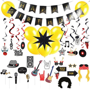 Rock Birthday Party Decoration Kit Rock n' Roll Photo Booth Props Swirl Hanging Balloons Decor Birthday Music Party Supplie