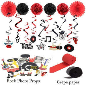 Rock Birthday Party Decoration Kit Rock n' Roll Photo Booth Props Swirl Hanging Balloons Decor Birthday Music Party Supplie