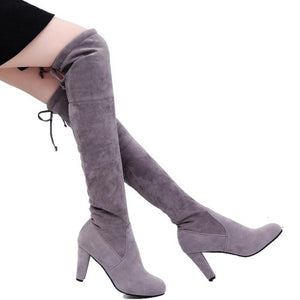 Women Boot Faux Suede Over The Knee Boots Lace Up Sexy High Heels Shoes Woman Female Slim Thigh Botas 35-43  Thigh High Boots