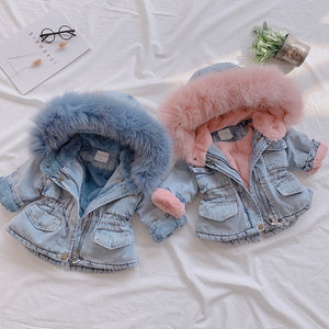 OLEKID 2019 Winter Baby Girl Denim Jacket Plus Velvet Real Fur Warm Toddler Girl Outerwear Coat 1-5 Years Kids Infant Girl Parka