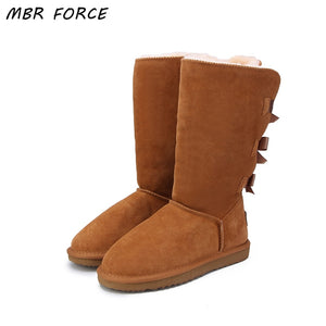 MBR FORCE 2018 Fashion Women Long Boots Genuine cow Leather Snow Boots Bowknot  Snow Boots Warm High Winter Boots US 3-13