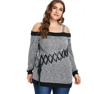 Women's Autumn Sweater plus Size Large Size Long Sleeve off-Shoulder Top String Female Blouses Solid Thin Casual Sweater