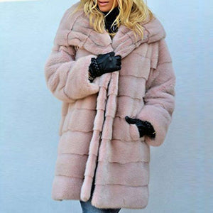 Women's Winter Fur Coat Woolen Mid-length Solid Loose-Fit Plush Hooded Overcoat Imitation Fur Warm Overcoat