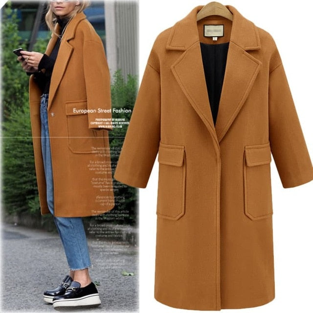 Women's Winter Coat Fold-down Collar Woolen Jacket Large Size Pocket Elegant Calf-length Solid Casual Overcoat