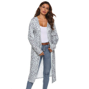 WOMEN'S Autumn And Spring Long Coat  Leopord Pattern Cardigan Pocket Casual Versatile Long Thin Knitted Down Coat