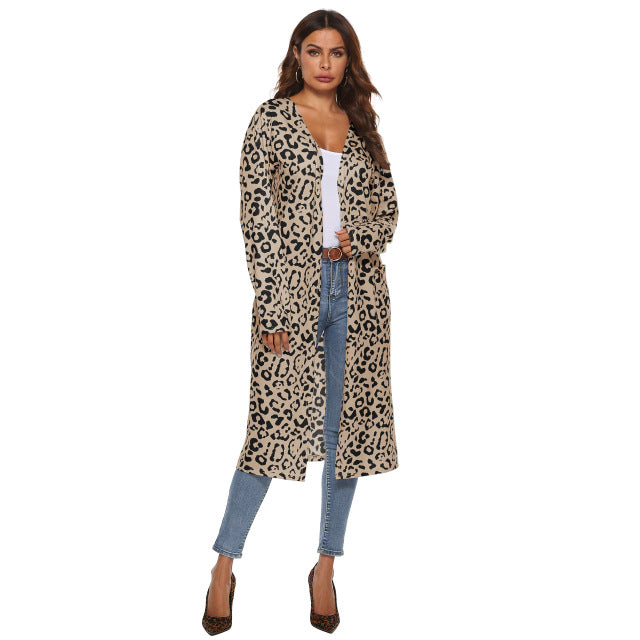 WOMEN'S Autumn And Spring Long Coat  Leopord Pattern Cardigan Pocket Casual Versatile Long Thin Knitted Down Coat