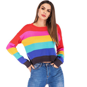 WOMEN'S Autumn And Winter Shirts Loose-Fit Sweater Rainbow Stripes Long-sleeve  Short Fashion High Street O Neck Thin Top