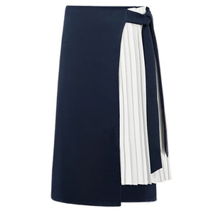 Women‘s Midi-Skirt Chiffon Joint Lace-up Elegant Mock Two-Piece High-waisted Office Lady Elastic Pleated Side Slit Skirt
