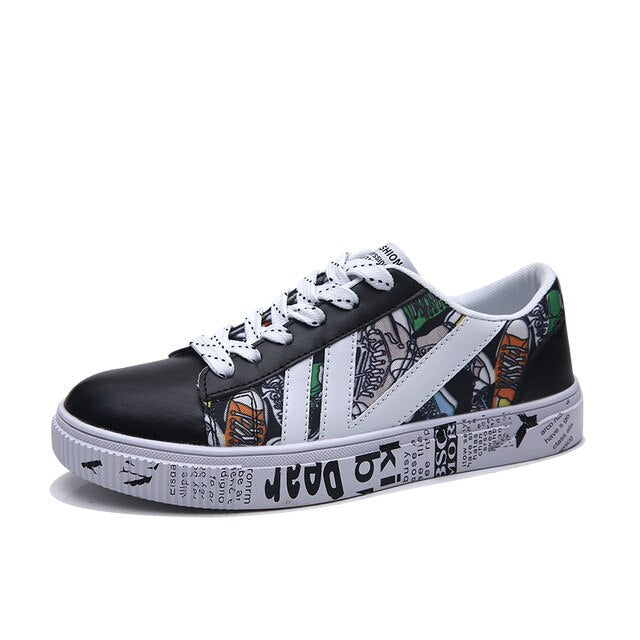 New Fashion Sneakers For Men Flat Leather Shoes 2019 Graffiti Solid Shoes Lace-up Casual Breathable Vulcanized Shoes Non-Slip