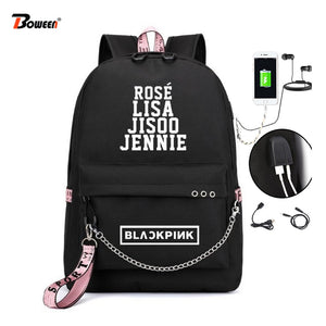 Kpop BLACKPINK LISA Backpack Women Korea Student School Bags for Teenage Girls Boys Large Nylon Chain Back Pack USB Bagpack 2019